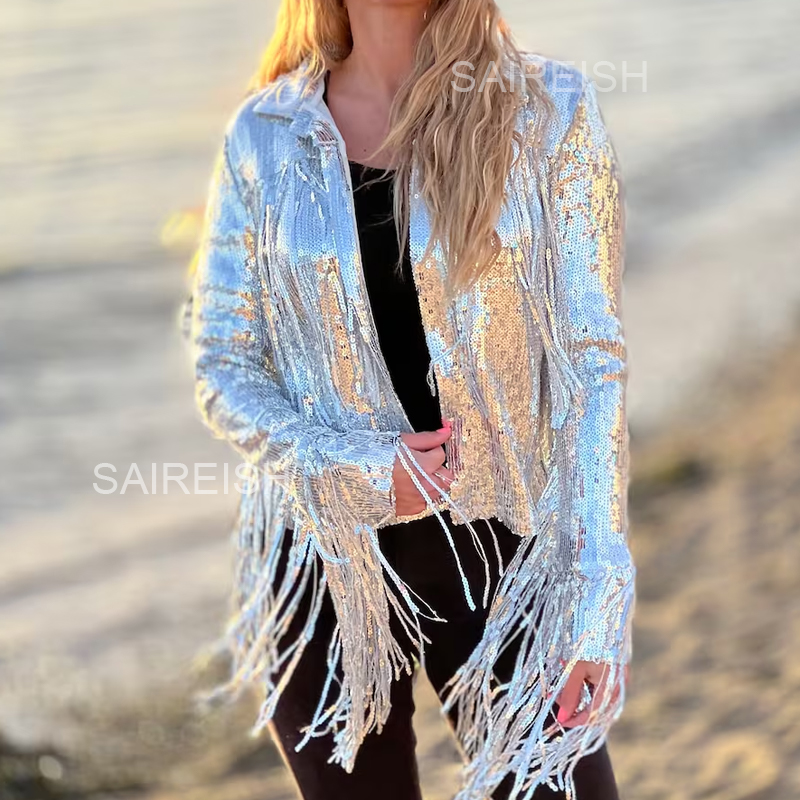 Women'S Fashion Bomber Jacket - Куртка-бомбер унисекс с блестками, бахромой и