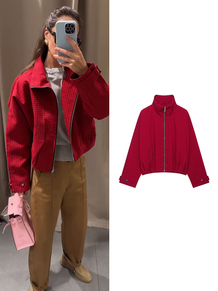 Women'S Fashion Bomber Jacket - Осенняя женская клетчатая куртка-бомбер с воротником-стойкой,