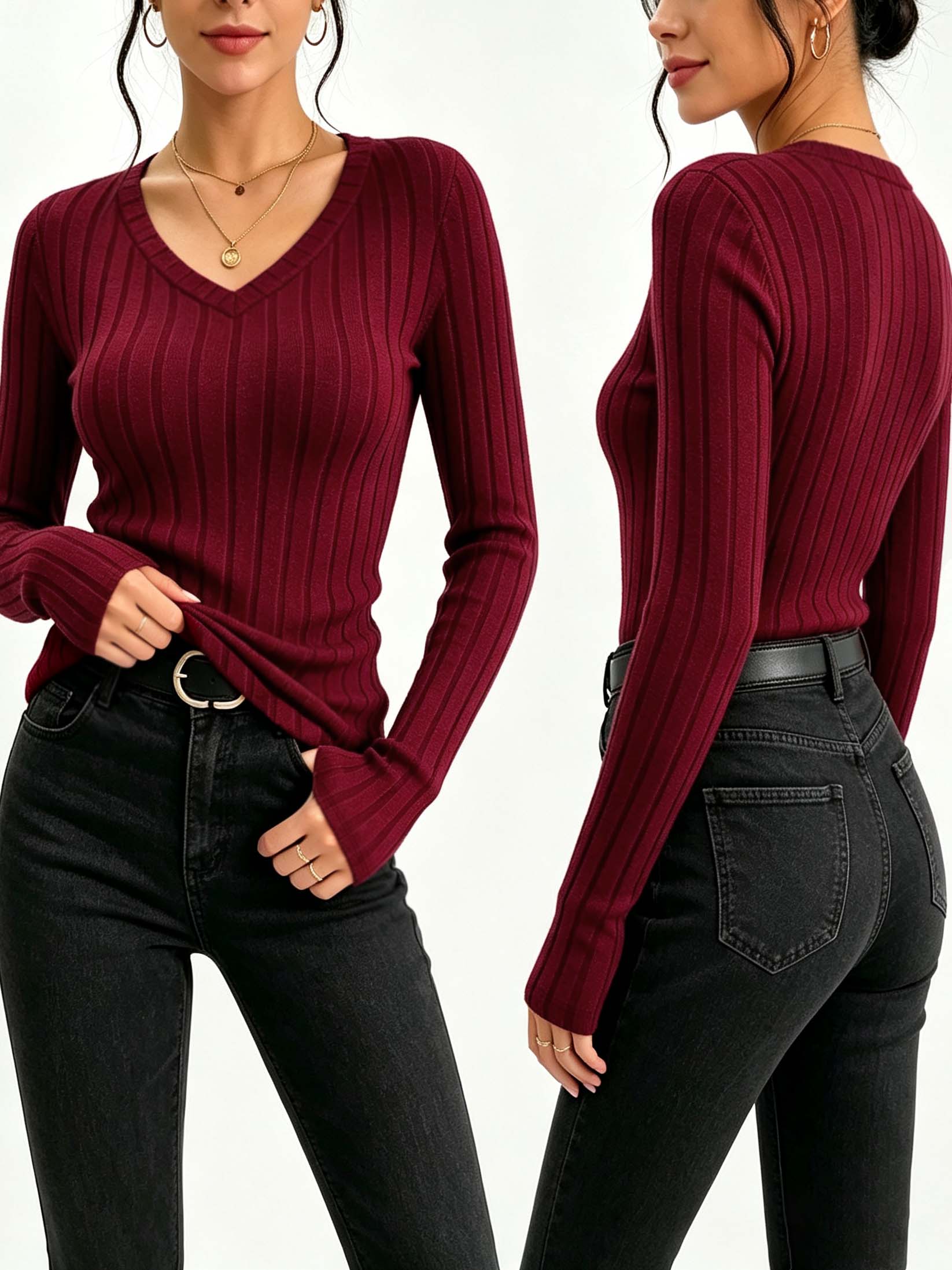 Trend Women Fashion - Женская однотонная трикотажная футболка с V-образным