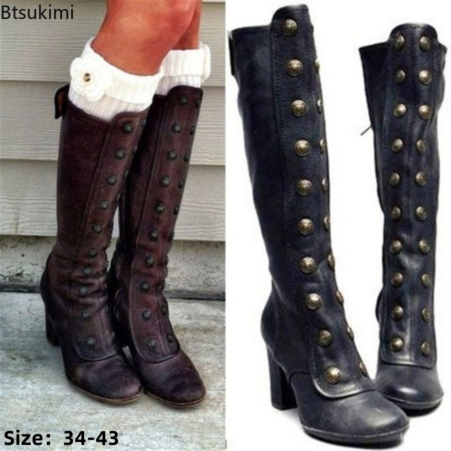 Women'S Fashion Knee High Boots - Ретро черные модные сапоги с заклепками