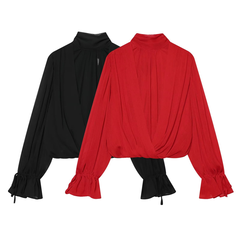 Wrap Blouse Chiffon - Женская короткая шифоновая блузка с высоким